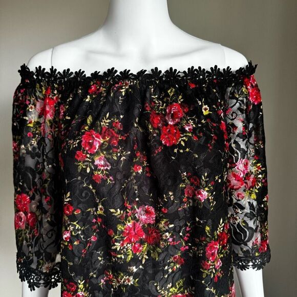 Miholl Black Layered Lace Floral Crotchet Off The Shoulder Boho Top - Picture 5 of 8